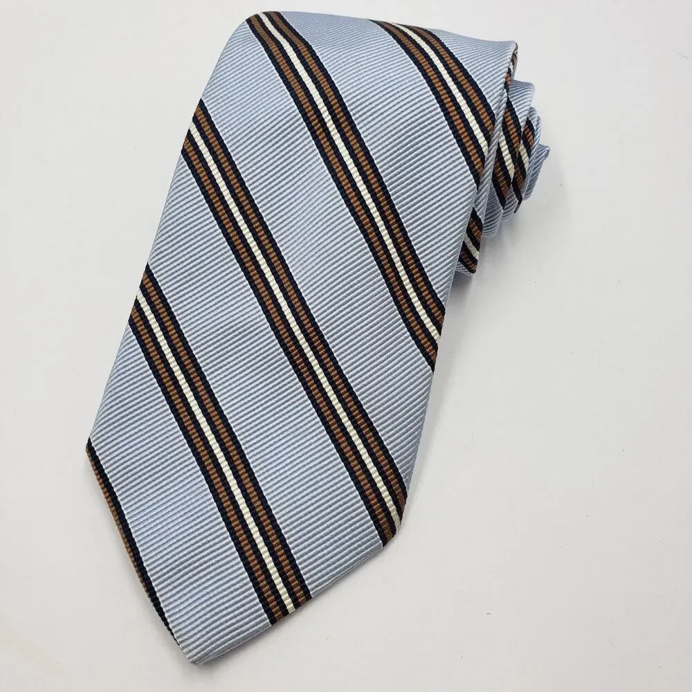 Breuer Silk Blend Tie Made In France Light Blue Brown Striped Cotton Necktie Lux